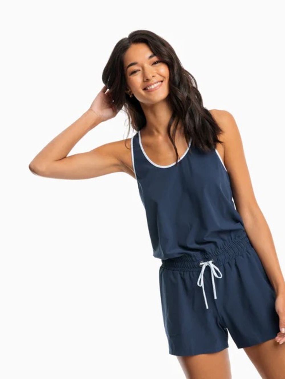 Southern Tide Navy Girls' Tank Romper with Light Blue Trim